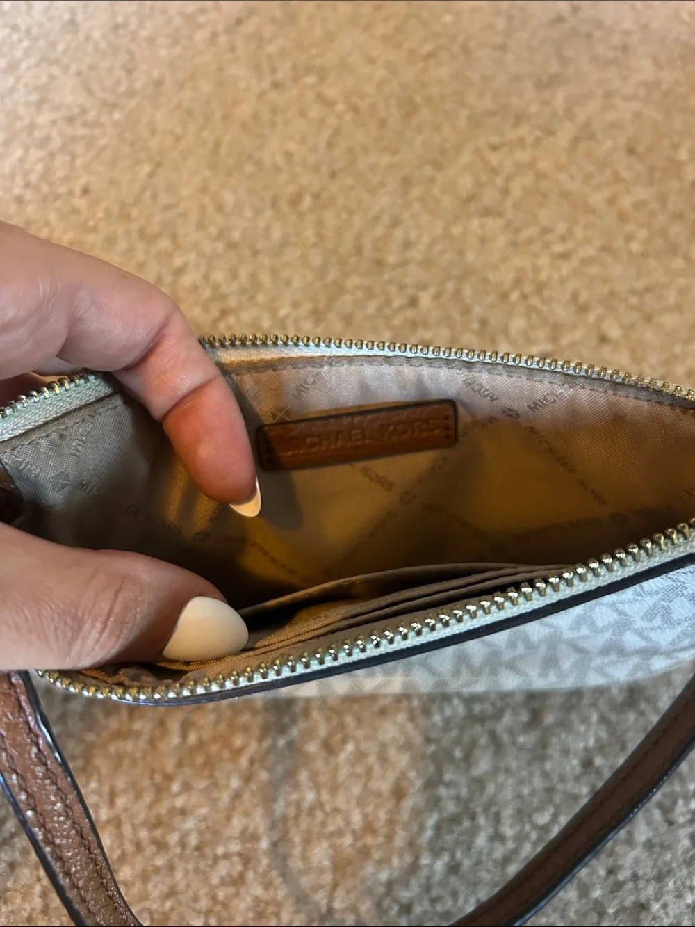 Michael Kors White Logo Wristlet with Tan Trim and Gold Hardware